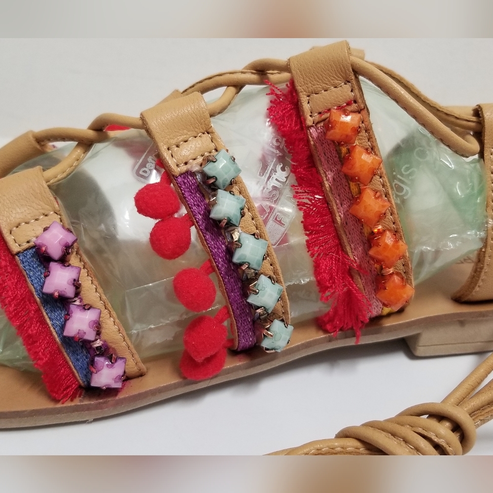Barbara Barbieri Red Multi Tassel & Pom Pom Leather Gladiator Sandal Sz 8.5 - Picture 9 of 15
